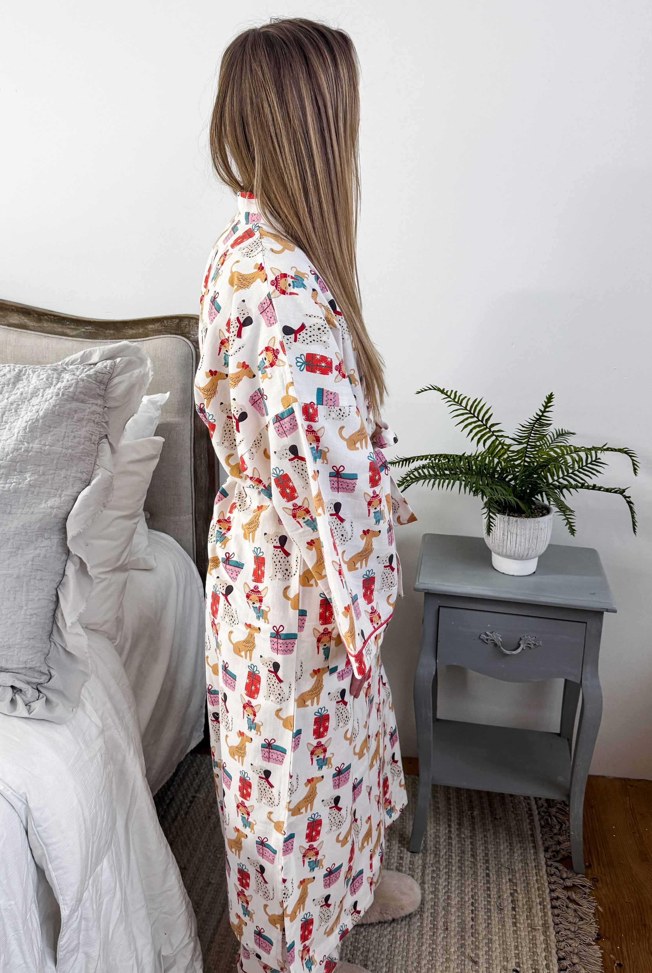 women's long flannel robe with dog print for christmas by Mahogany