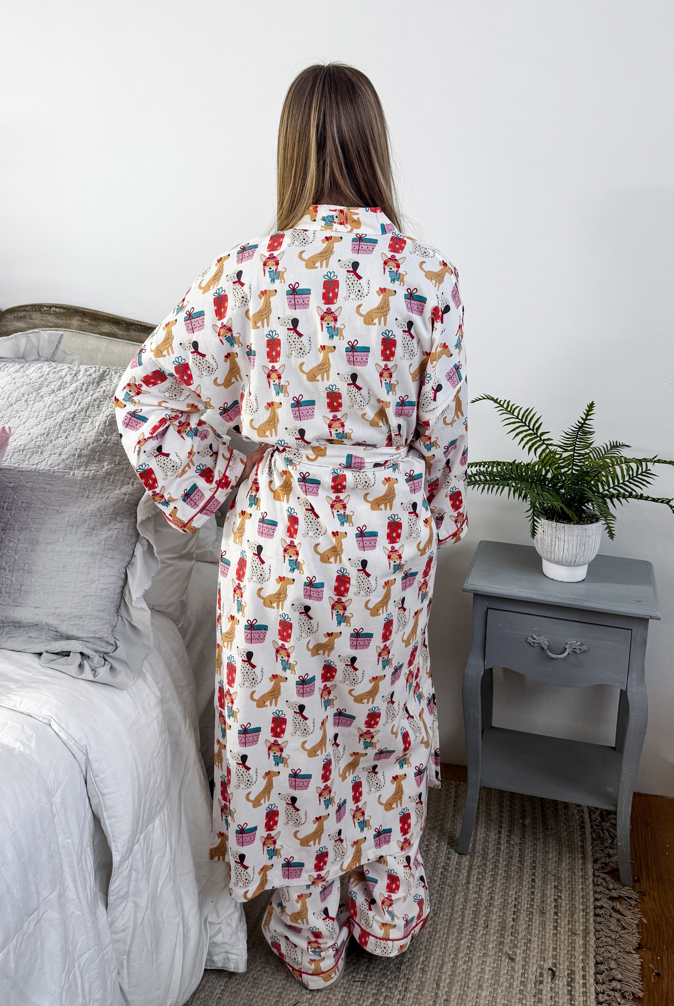 women's long flannel robe with dog print for christmas by Mahogany