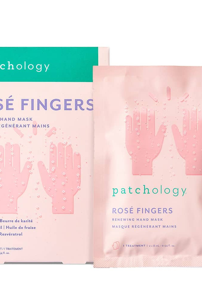 Two packages of patchology Rosé Fingers skincare product on a white background, Patchology Rosé Fingers renewing hand mask rose gold gloves shea butter
