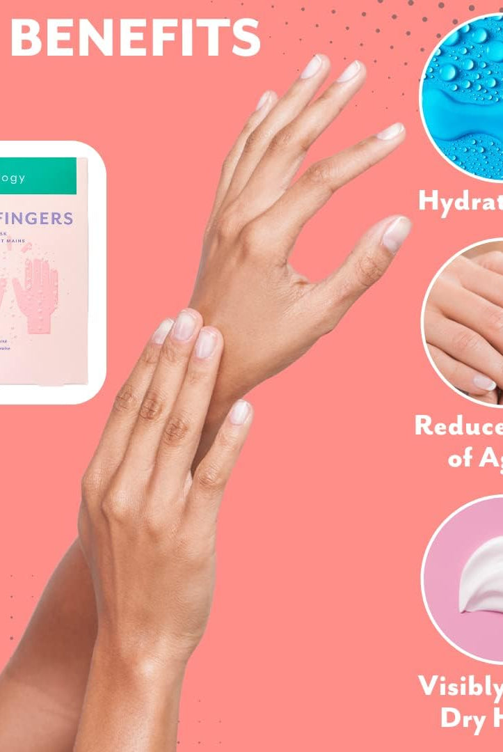 Advertisement for patchology Rose Fingers product showing key benefits on a pink background. Patchology Rosé Fingers renewing hand mask rose gold gloves shea butter