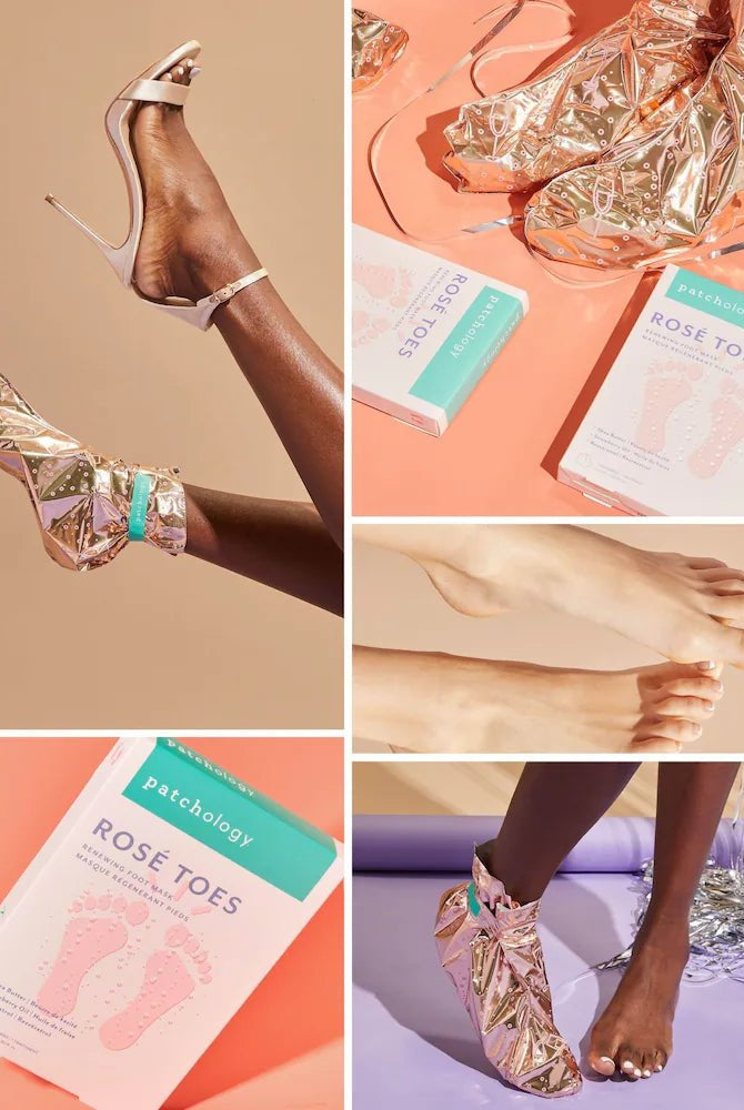 Collage of images featuring metallic high-heeled shoes, 'Rose Toes' products, and a glass of champagne. Patchology Rosé Toes renewing foot heel mask rose gold booties