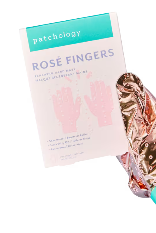 Rose gold hand mask with packaging labeled 'Patchology Rosé Fingers' on a white background, Patchology Rosé Fingers renewing hand mask rose gold gloves shea butter