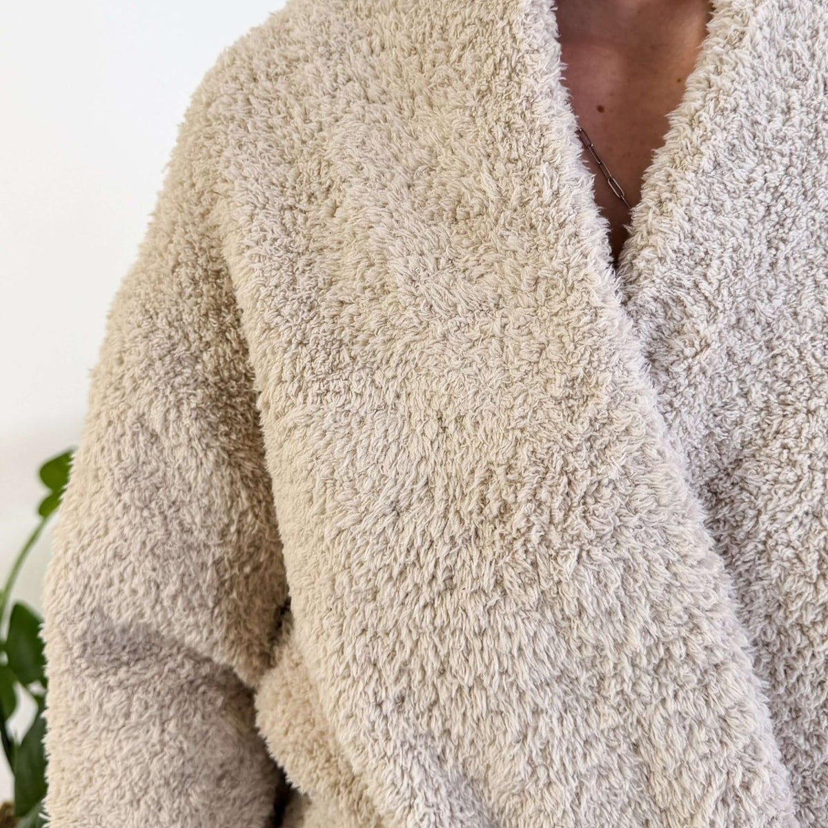 Sand Beige Chenille Cloud Spa Robe – Plush Stretch Robe with Pockets - close up showing texture of the robe