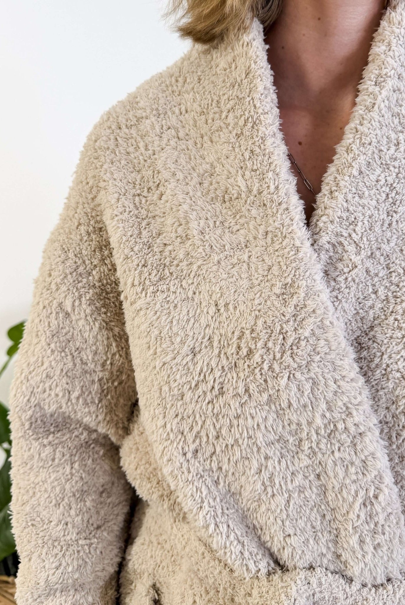 Sand Beige Chenille Cloud Spa Robe – Plush Stretch Robe with Pockets - close up showing texture of the robe