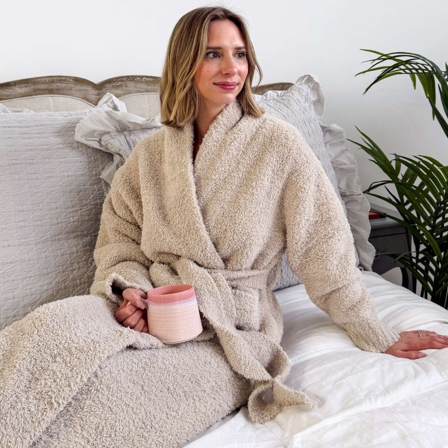 Sand Beige Chenille Cloud Spa Robe – Plush Stretch Robe with Pockets