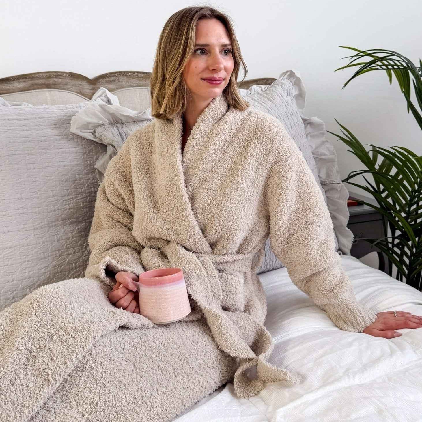 Sand Beige Chenille Cloud Spa Robe – Plush Stretch Robe with Pockets