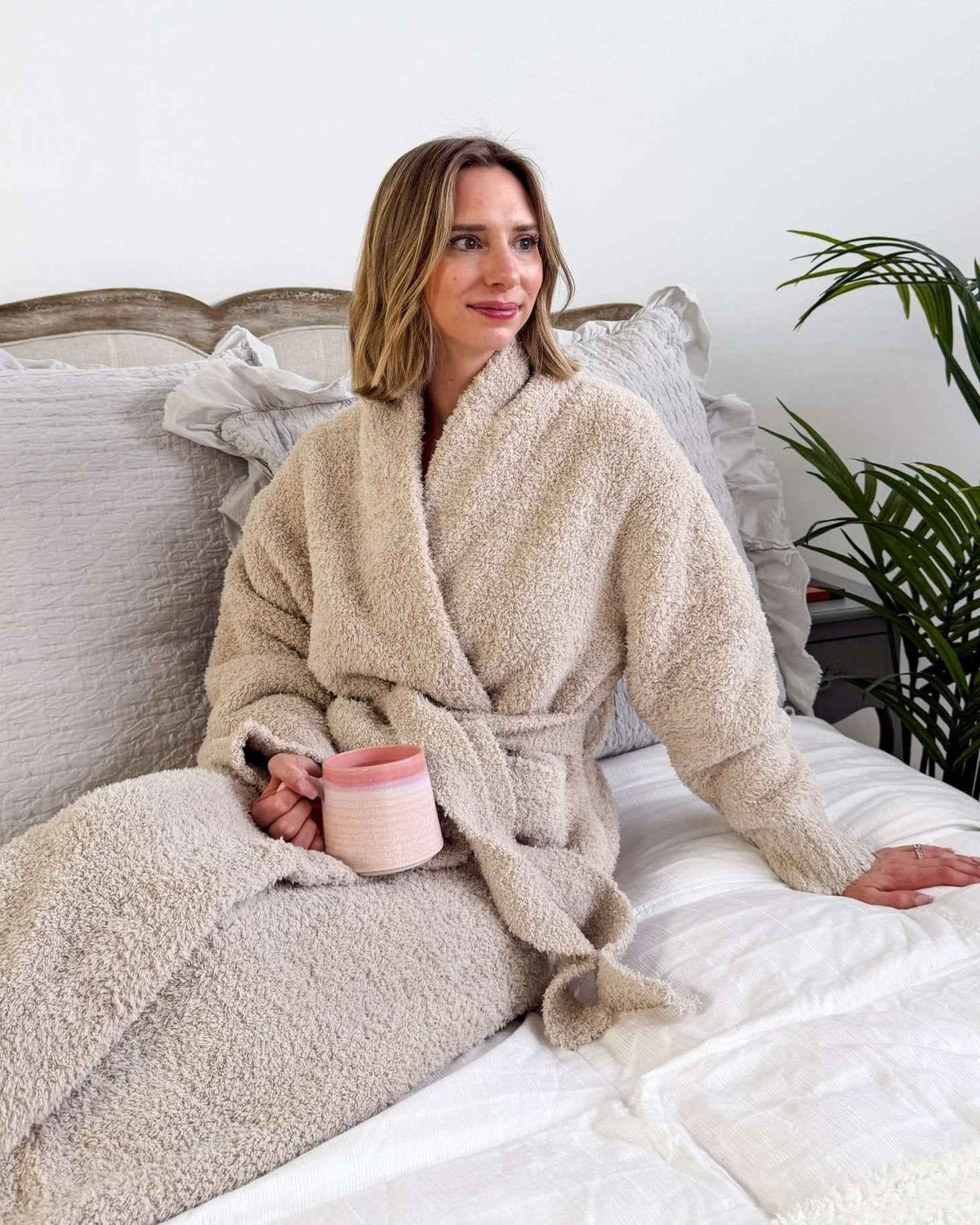 Lounge by Jan Marie Chenille Cloud Spa Robe Sand front view on model — Cloud Nine Pajamas Edmonton