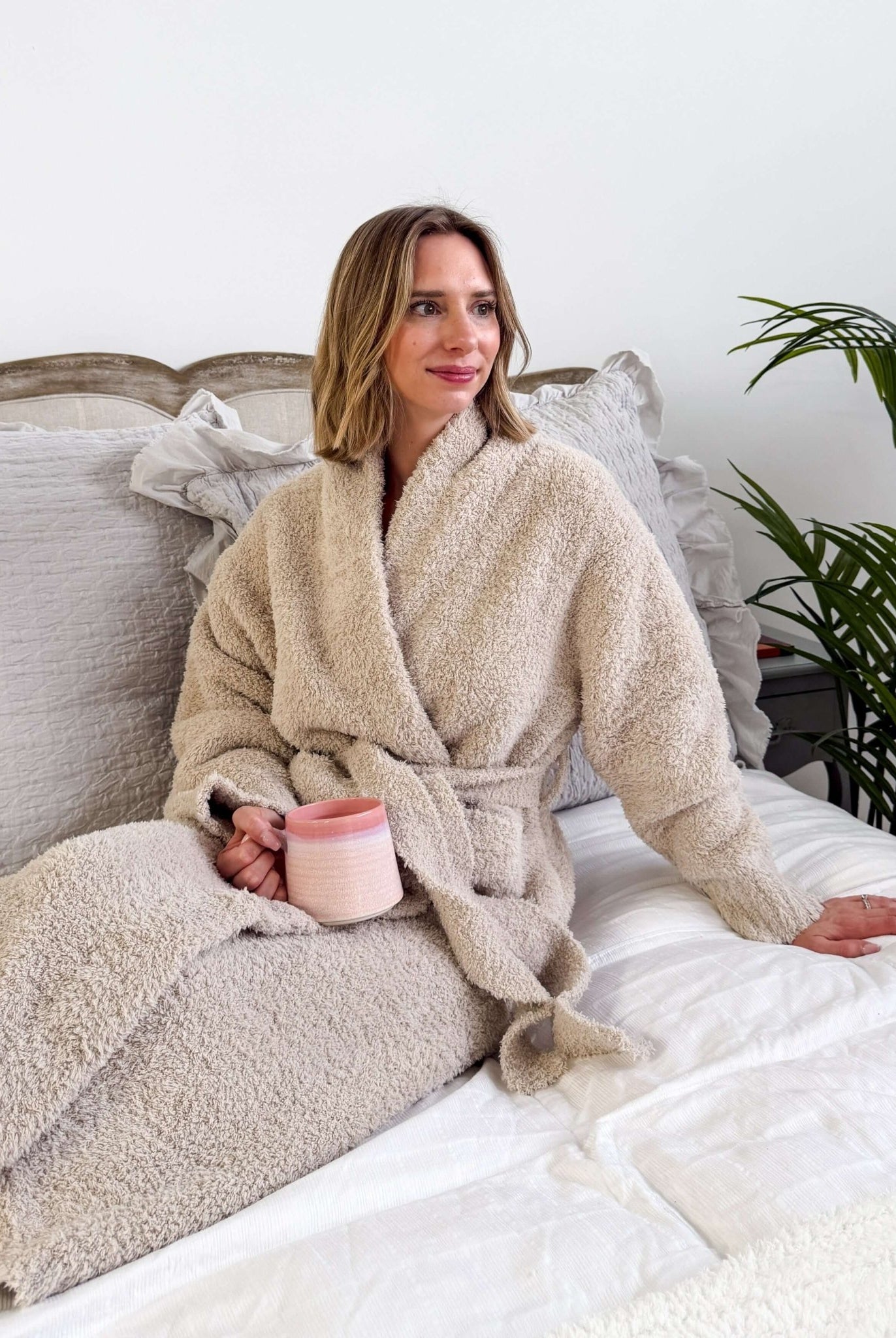 Sand Beige Chenille Cloud Spa Robe – Plush Stretch Robe with Pockets
