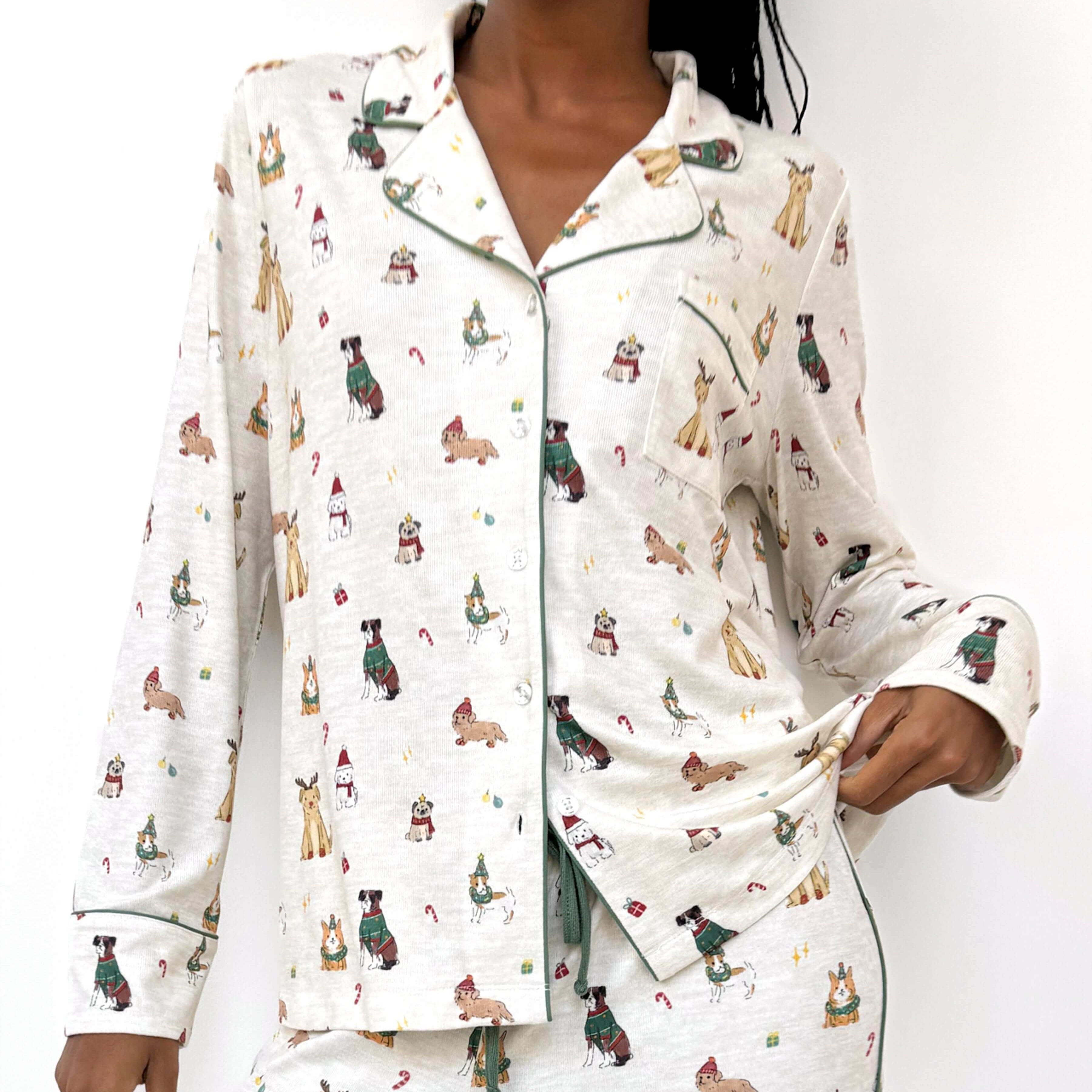 Flora Pillowsoft Sleep Set Splendid featuring silky soft button-down pajamas with playful festive dog prints.
