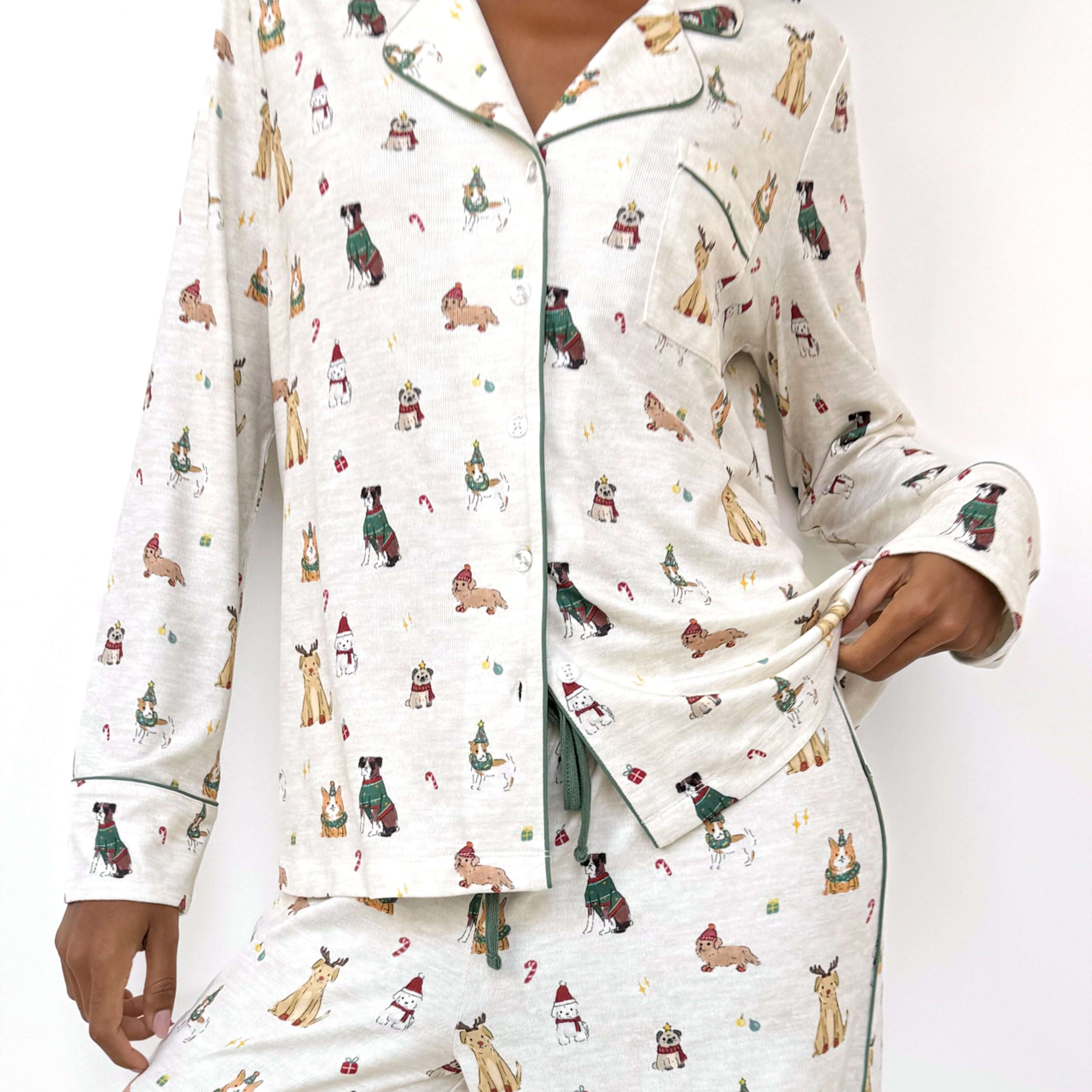 Flora Pillowsoft Sleep Set Splendid featuring silky soft button-down pajamas with playful festive dog prints.