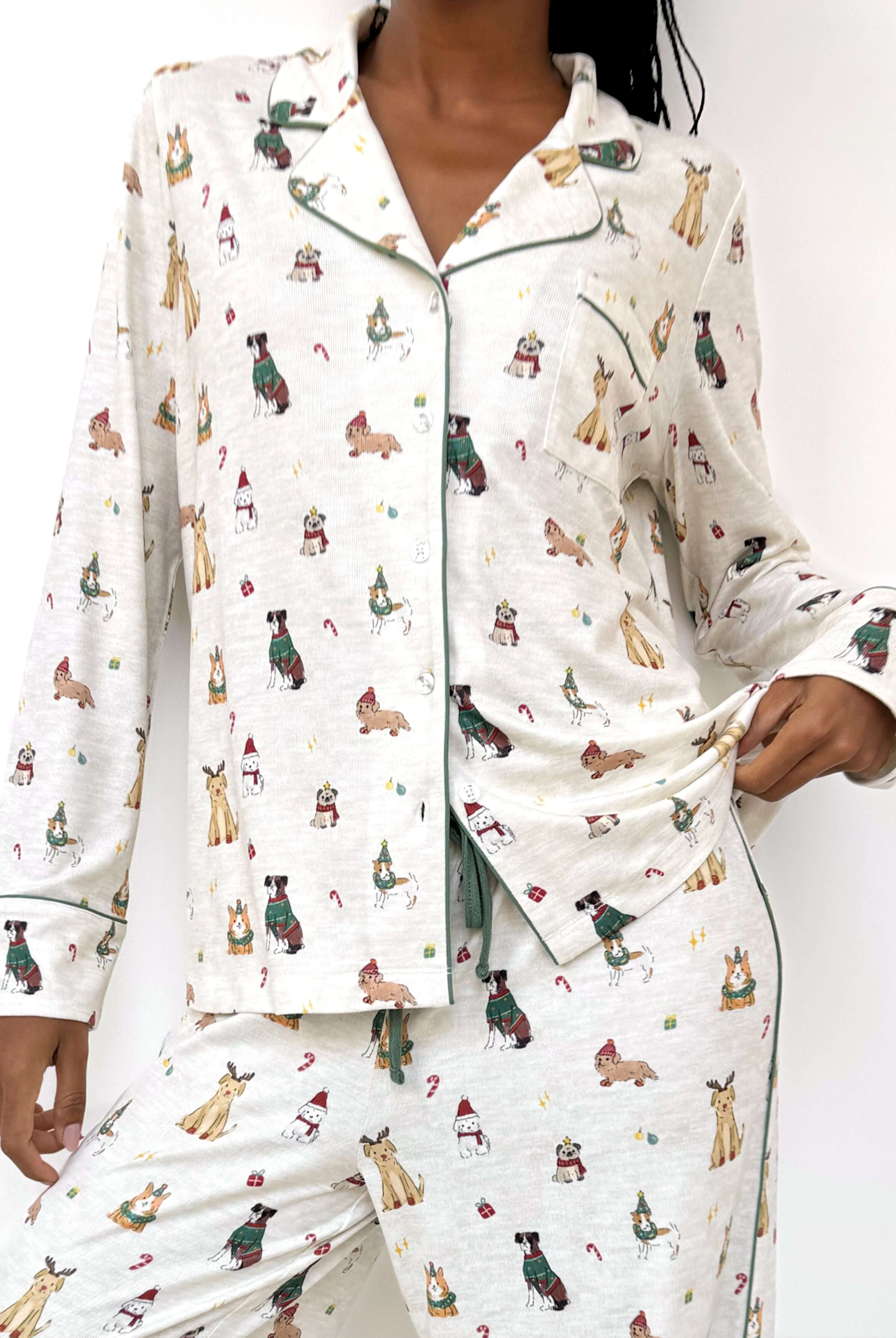 Flora Pillowsoft Sleep Set Splendid featuring silky soft button-down pajamas with playful festive dog prints.