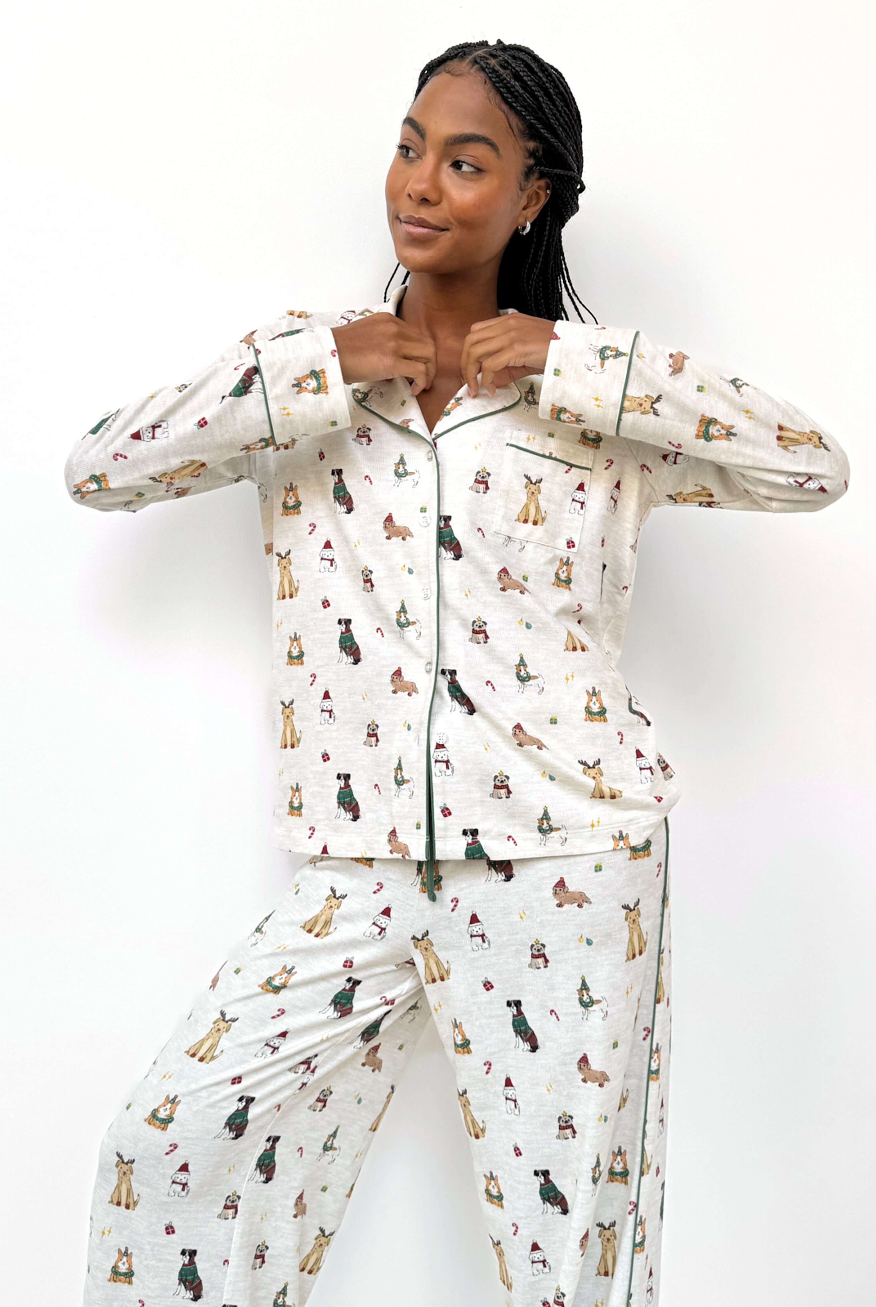 Flora Pillowsoft Sleep Set Splendid featuring silky soft button-down pajamas with playful festive dog prints.