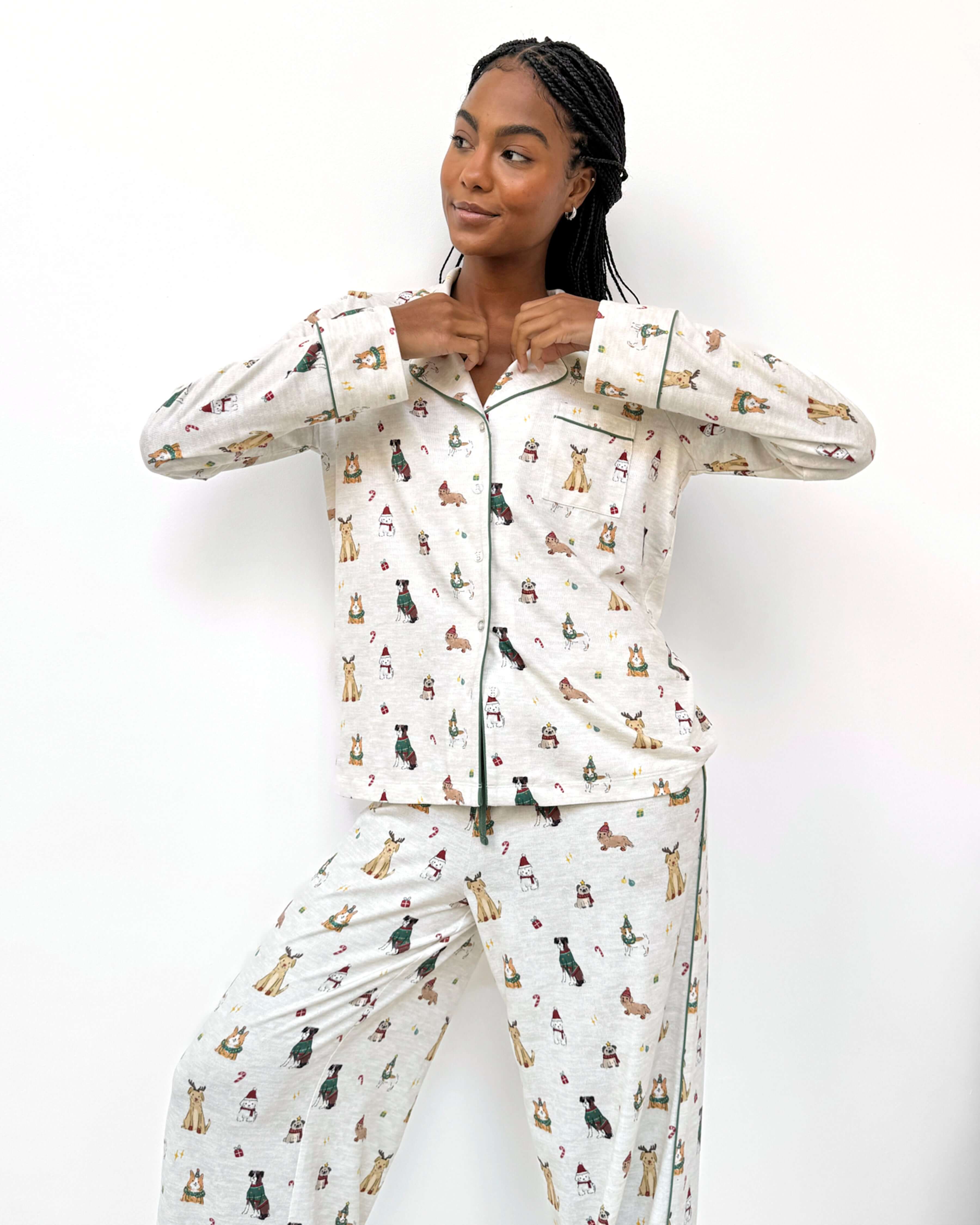 Flora Pillowsoft Sleep Set Splendid featuring silky soft button-down pajamas with playful festive dog prints.