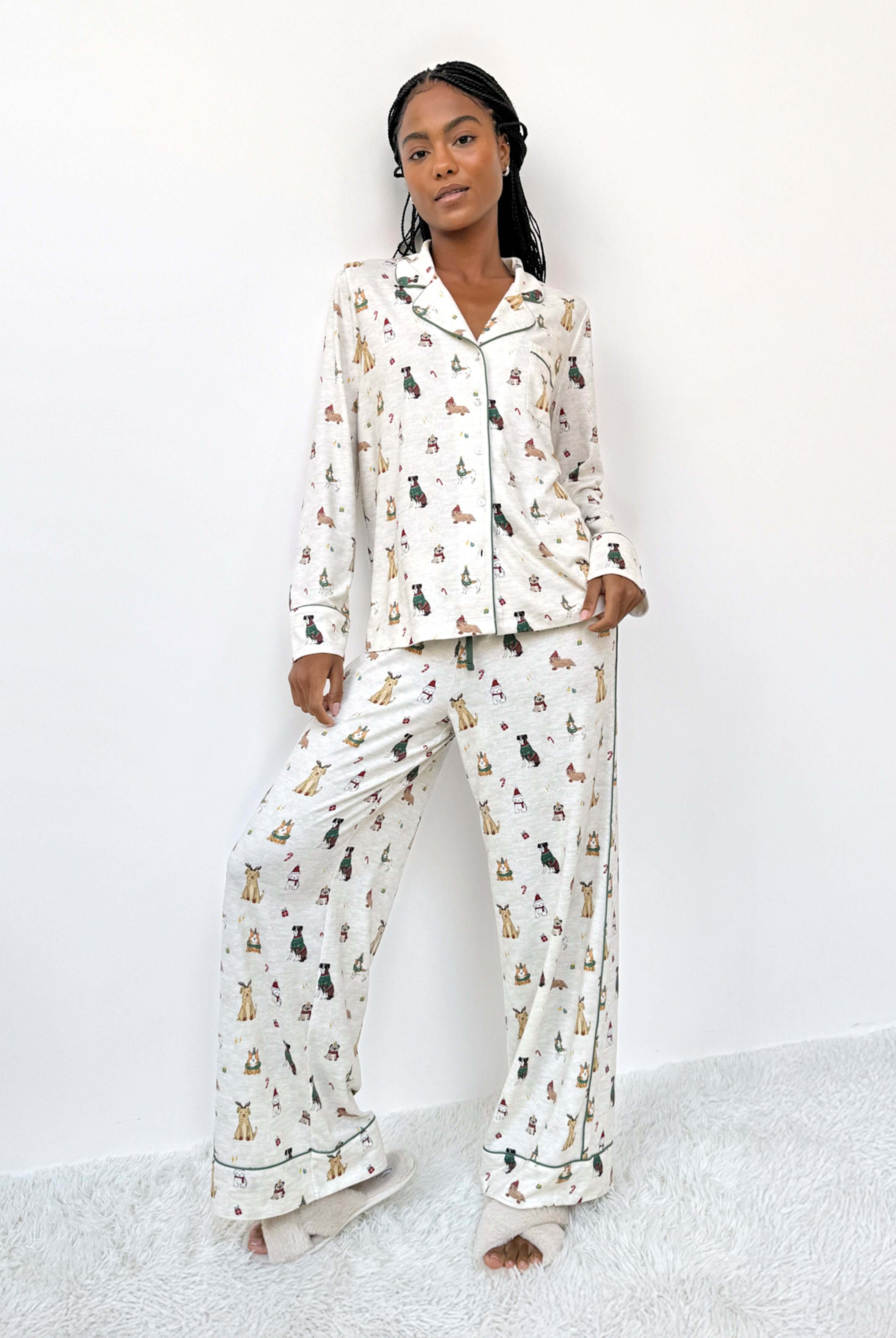 Flora Pillowsoft Sleep Set Splendid featuring silky soft button-down pajamas with playful festive dog prints.