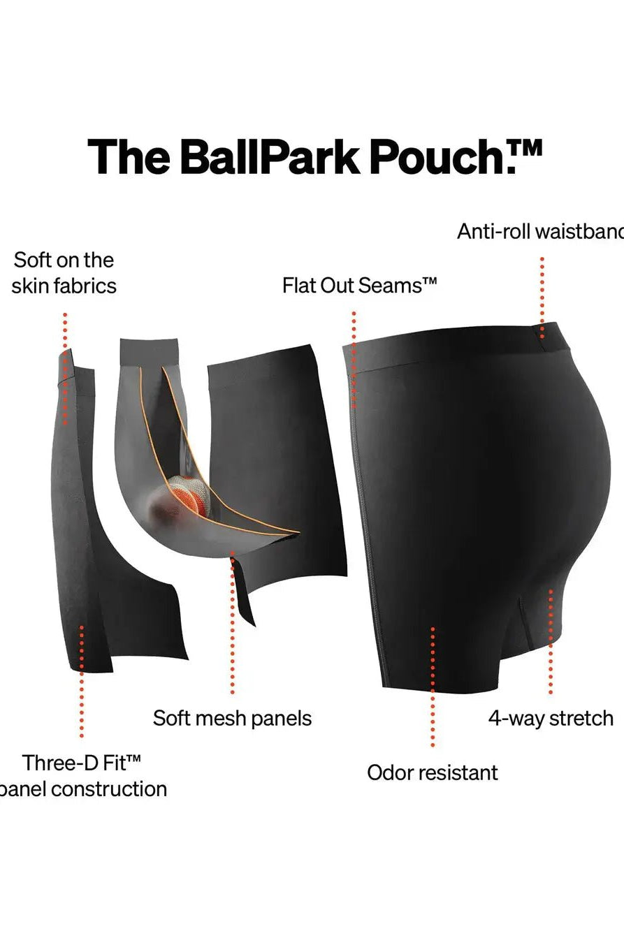 Illustration of the BallPark Pouch features including anti-roll waistband and flat out seams for comfort.