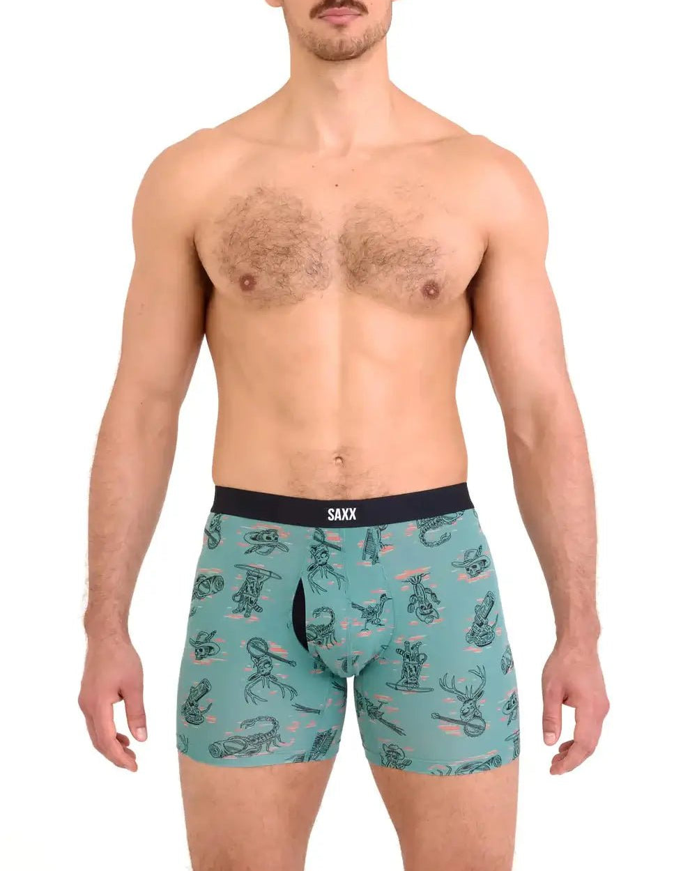 Model wearing Vibe Xtra Soft Comfort Boxer Brief in playful design by SAXX.
