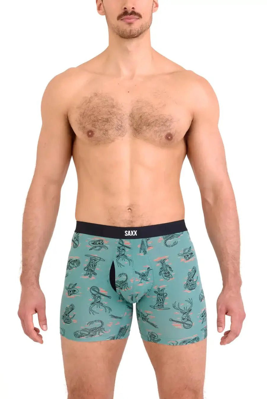 Model wearing Vibe Xtra Soft Comfort Boxer Brief in playful design by SAXX.