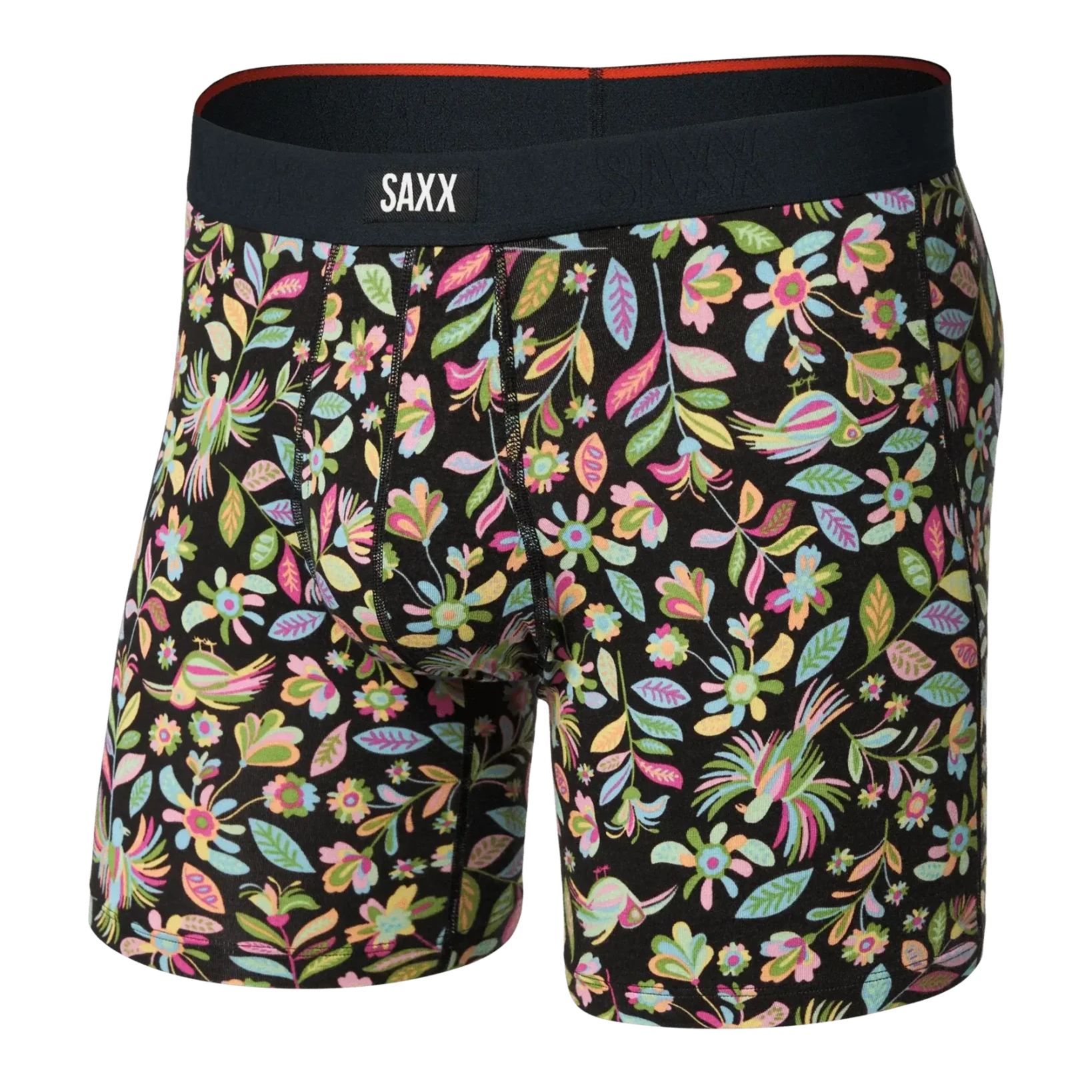 SAXX Vibe Xtra Soft Comfort Boxer Brief featuring colorful floral print design on a black background.
