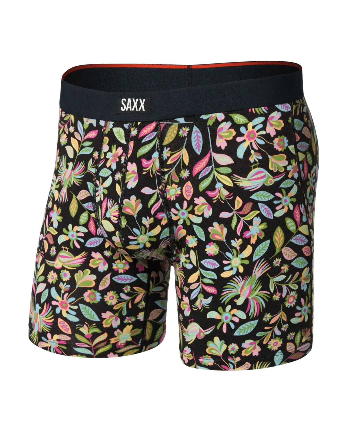 SAXX Vibe Xtra Soft Comfort Boxer Brief featuring colorful floral print design on a black background.