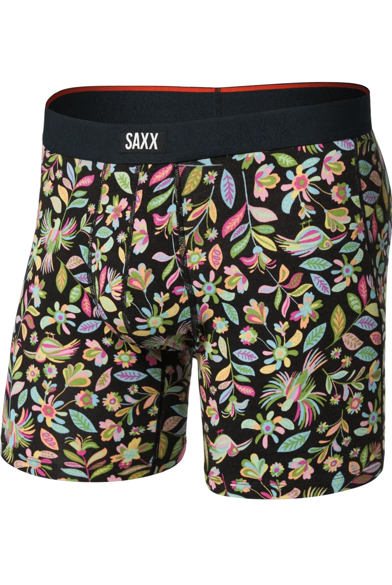 SAXX Vibe Xtra Soft Comfort Boxer Brief featuring colorful floral print design on a black background.