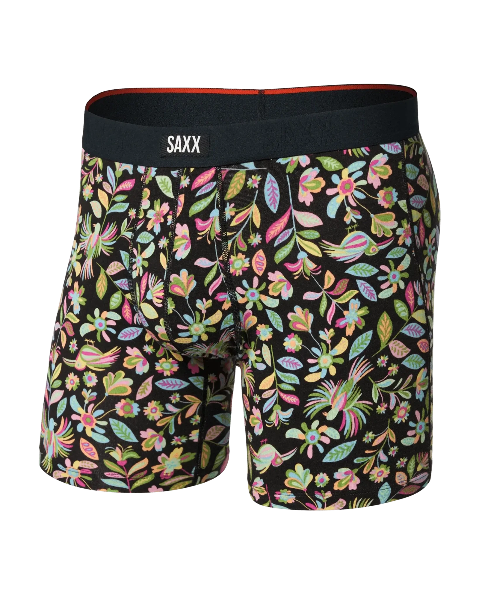 SAXX Vibe Xtra Soft Comfort Boxer Brief featuring colorful floral print design on a black background.