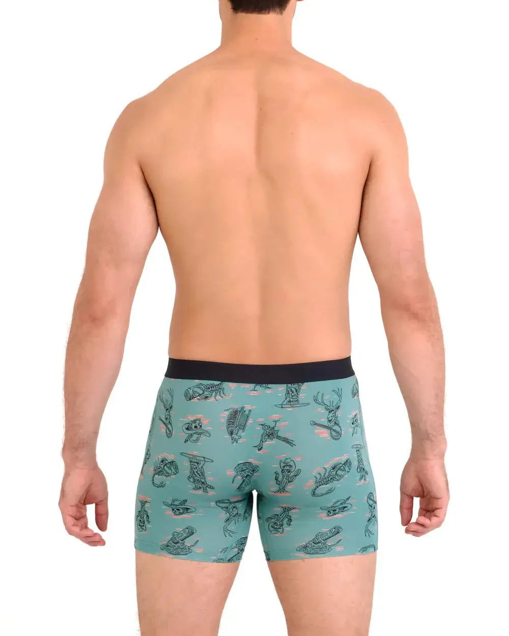 Back view of a man wearing Vibe Xtra Soft Comfort Boxer Brief with fun prints from SAXX.
