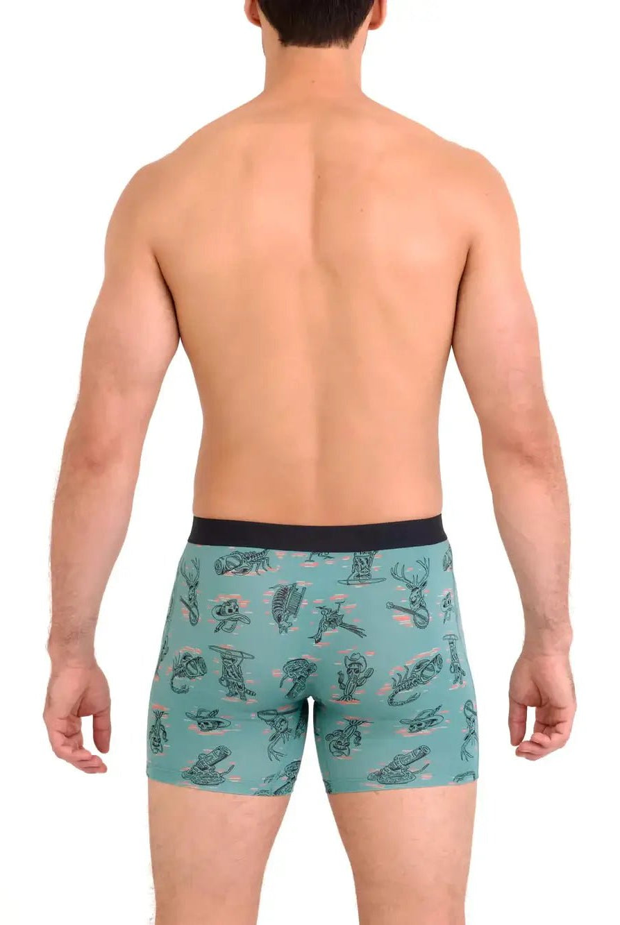 Back view of a man wearing Vibe Xtra Soft Comfort Boxer Brief with fun prints from SAXX.