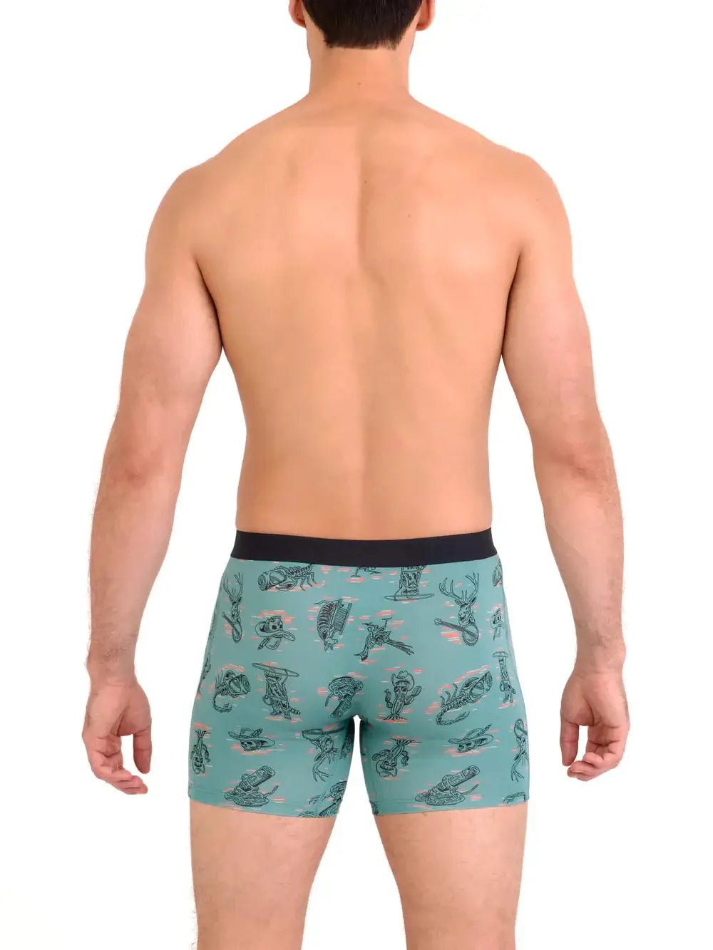Back view of a man wearing Vibe Xtra Soft Comfort Boxer Brief with fun prints from SAXX.