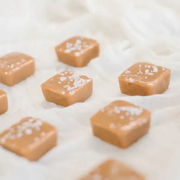 salted caramel 2 piece box pack - handcrafted Canadian candy showing the texture and shape of the artisan treat
