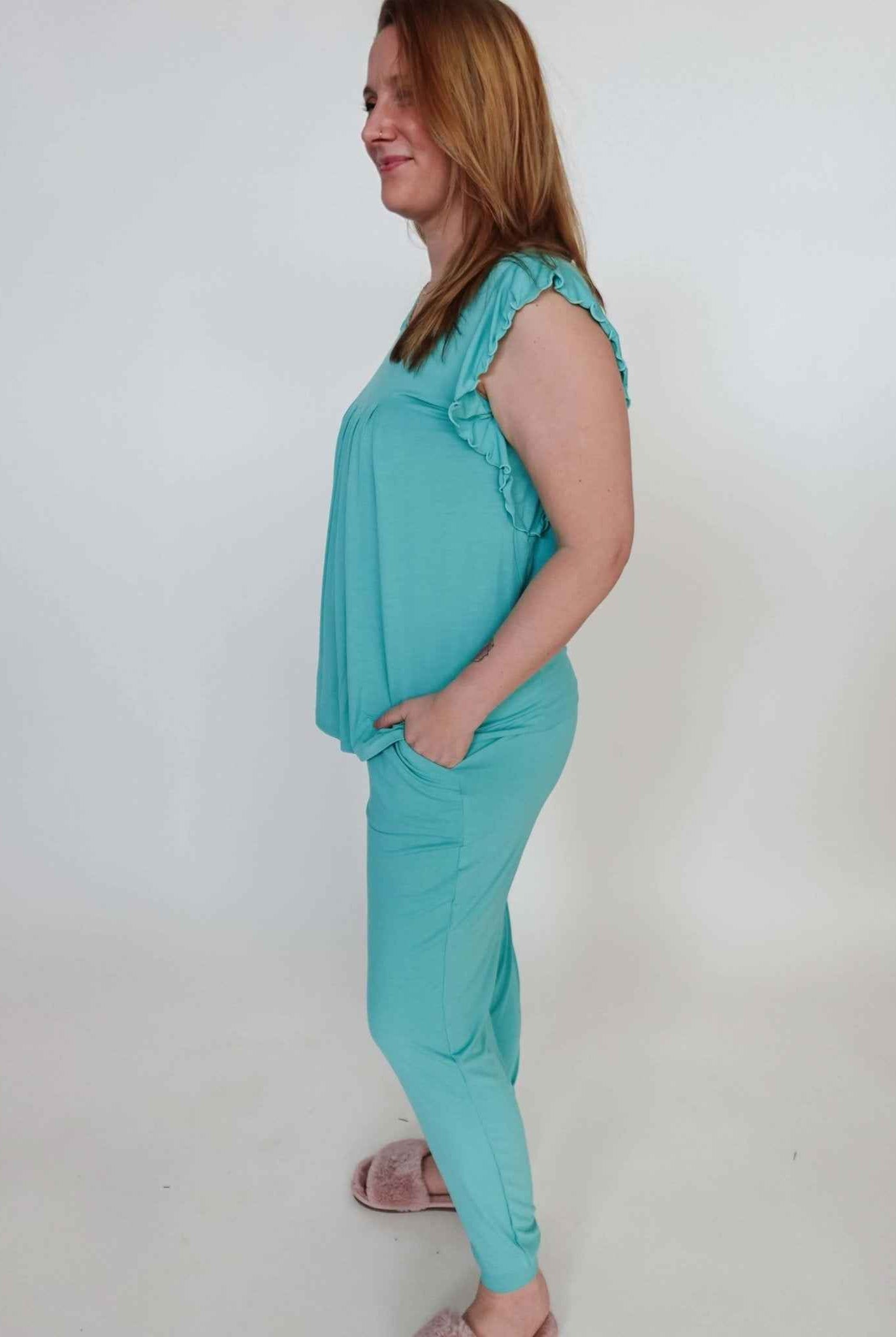 Georgia Rylan Women's Bamboo Flutter Sleeve and Jogger Pant Pajama Set in Seafoam