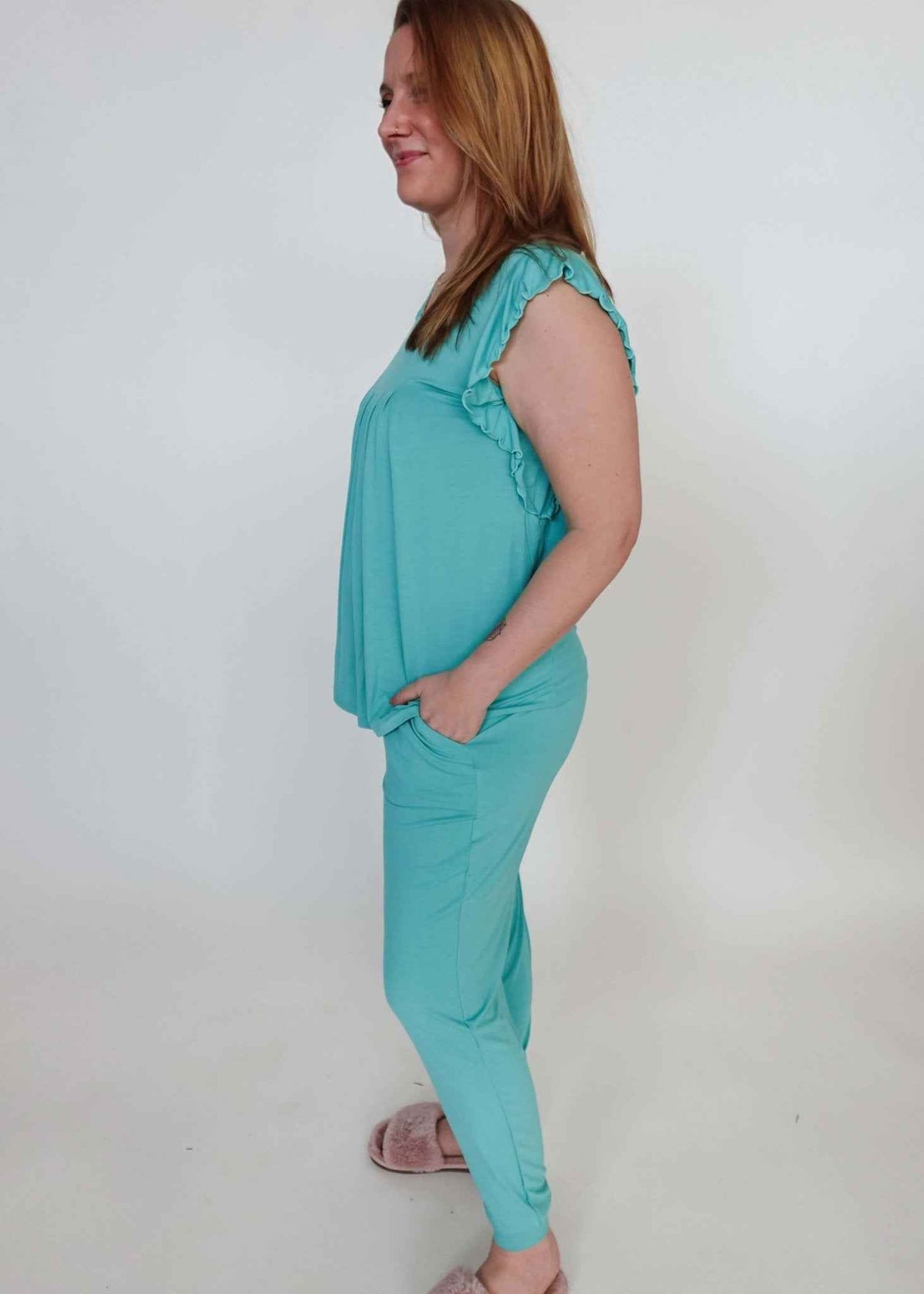 Georgia Rylan Women's Bamboo Flutter Sleeve and Jogger Pant Pajama Set in Seafoam