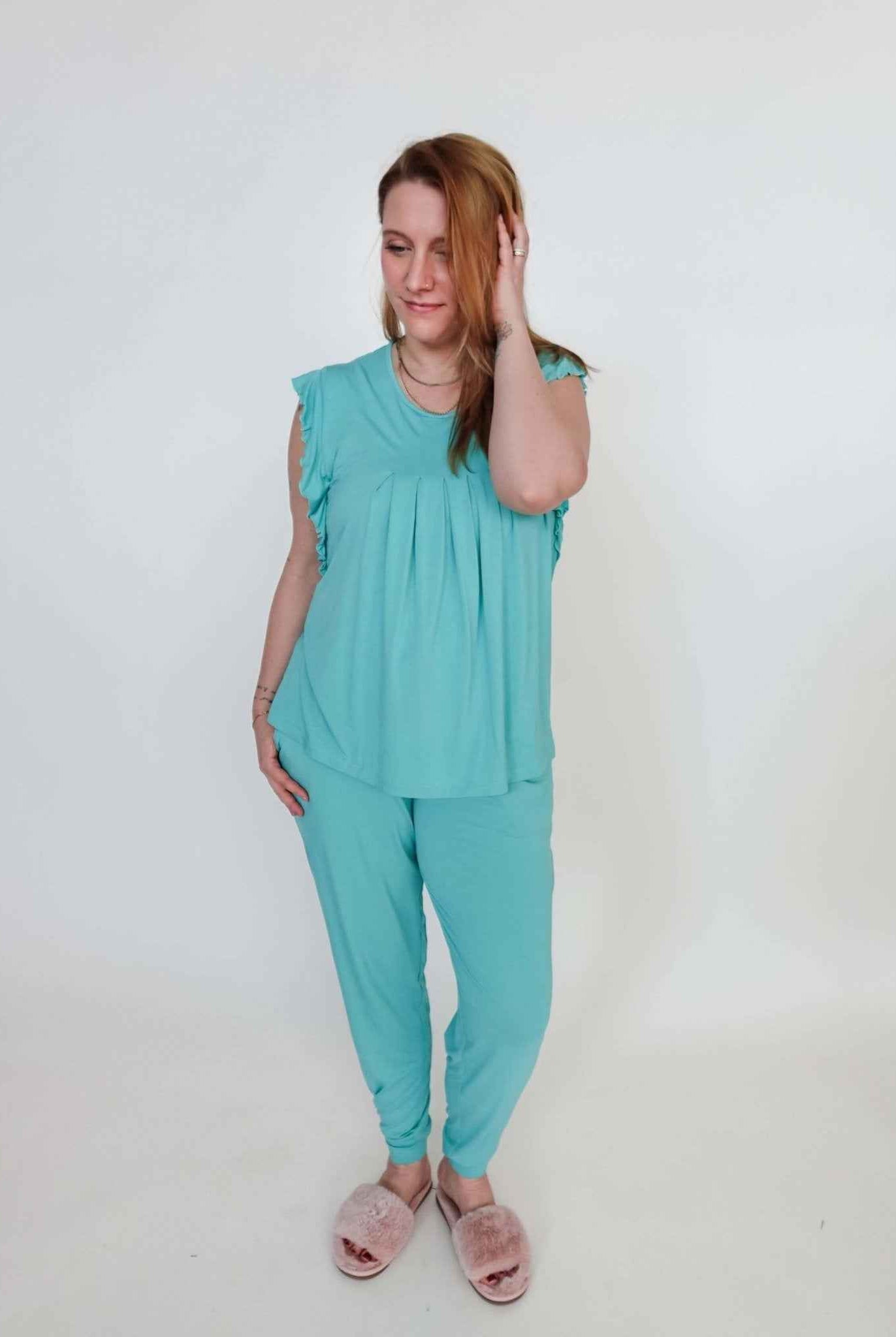 Georgia Rylan Women's Bamboo Flutter Sleeve and Jogger Pant Pajama Set in Seafoam