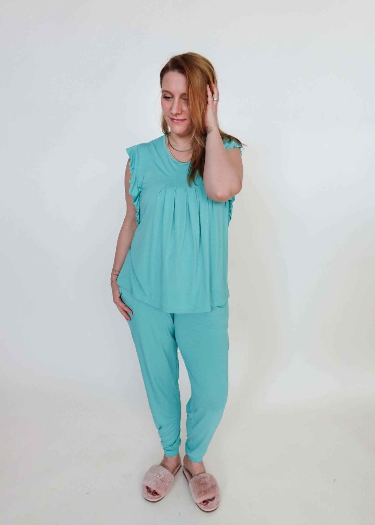 Georgia Rylan Women's Bamboo Flutter Sleeve and Jogger Pant Pajama Set in Seafoam