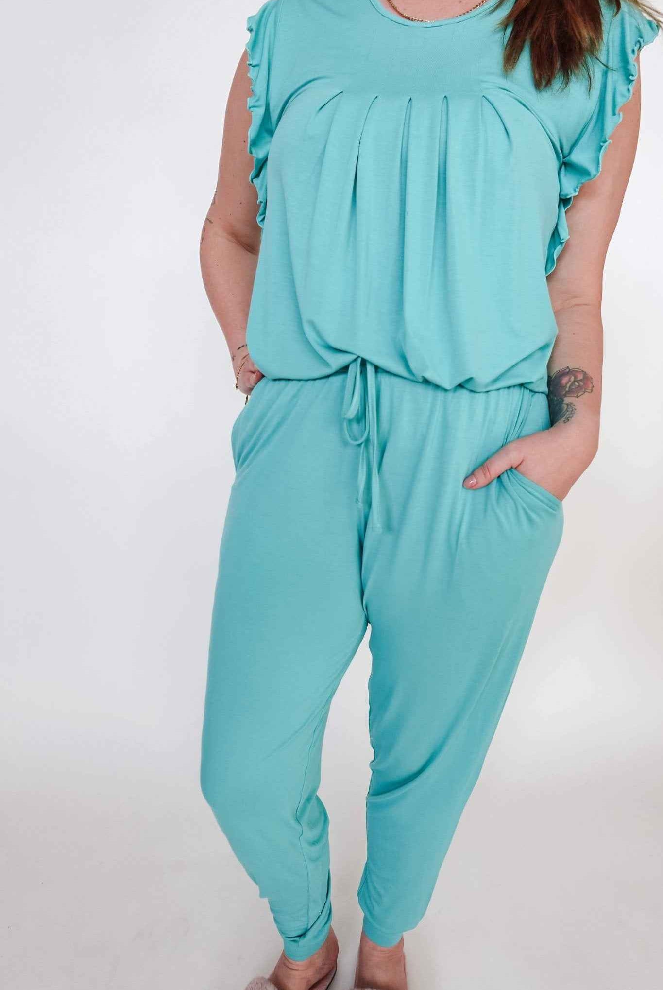 Georgia Rylan Women's Bamboo Flutter Sleeve and Jogger Pant Pajama Set in Seafoam