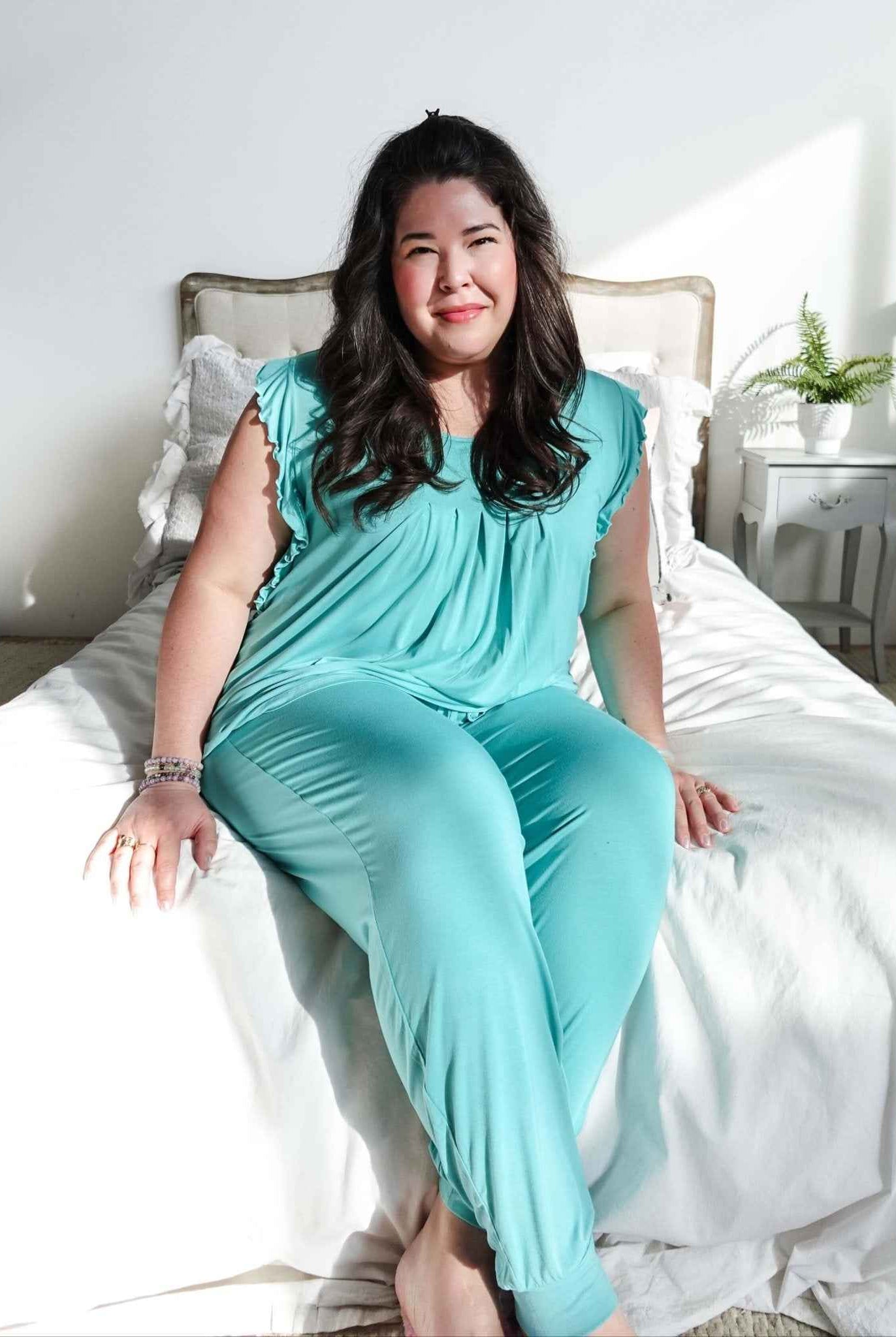 Georgia Rylan Women's Bamboo Flutter Sleeve and Jogger Pant Pajama Set in Seafoam