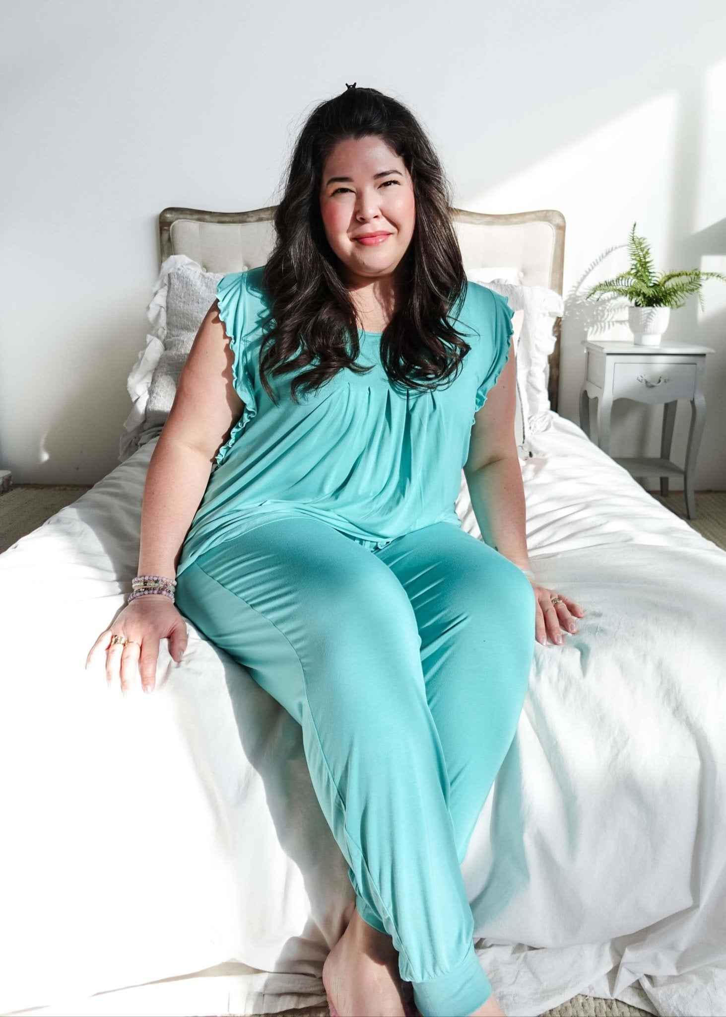 Georgia Rylan Women's Bamboo Flutter Sleeve and Jogger Pant Pajama Set in Seafoam