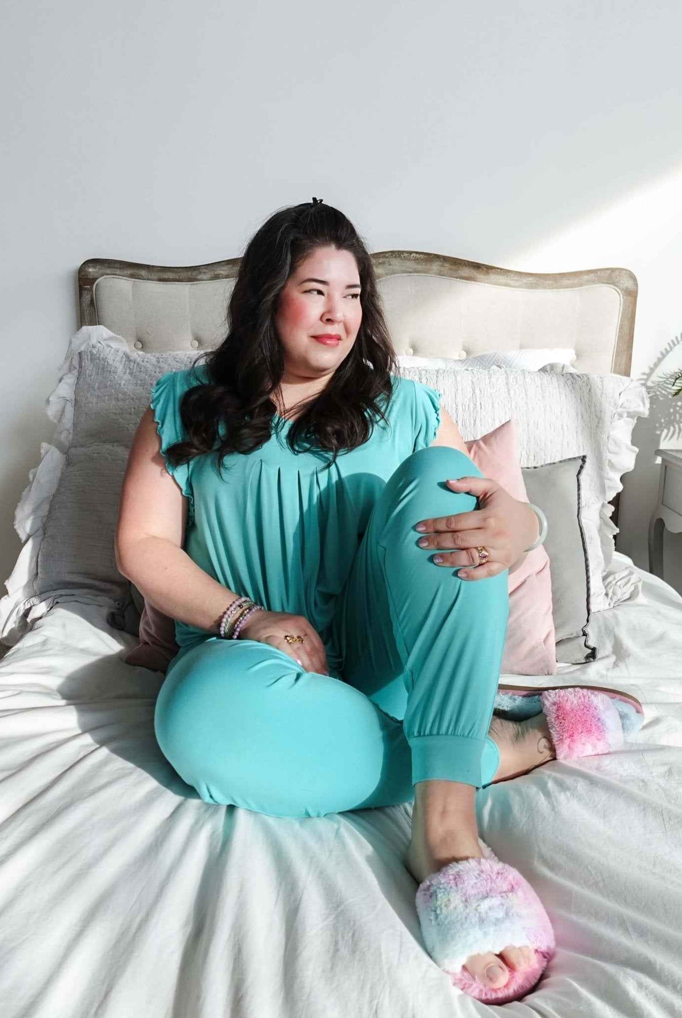 Georgia Rylan Women's Bamboo Flutter Sleeve and Jogger Pant Pajama Set in Seafoam