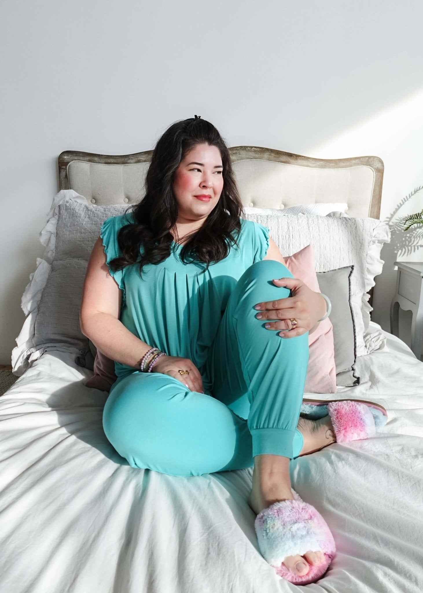 Georgia Rylan Women's Bamboo Flutter Sleeve and Jogger Pant Pajama Set in Seafoam