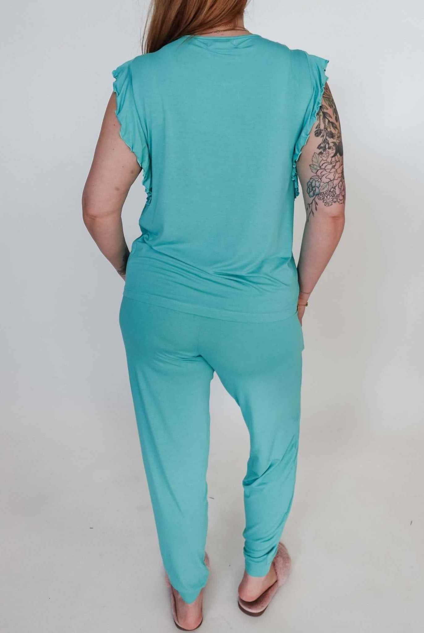 Georgia Rylan Women's Bamboo Flutter Sleeve and Jogger Pant Pajama Set in Seafoam