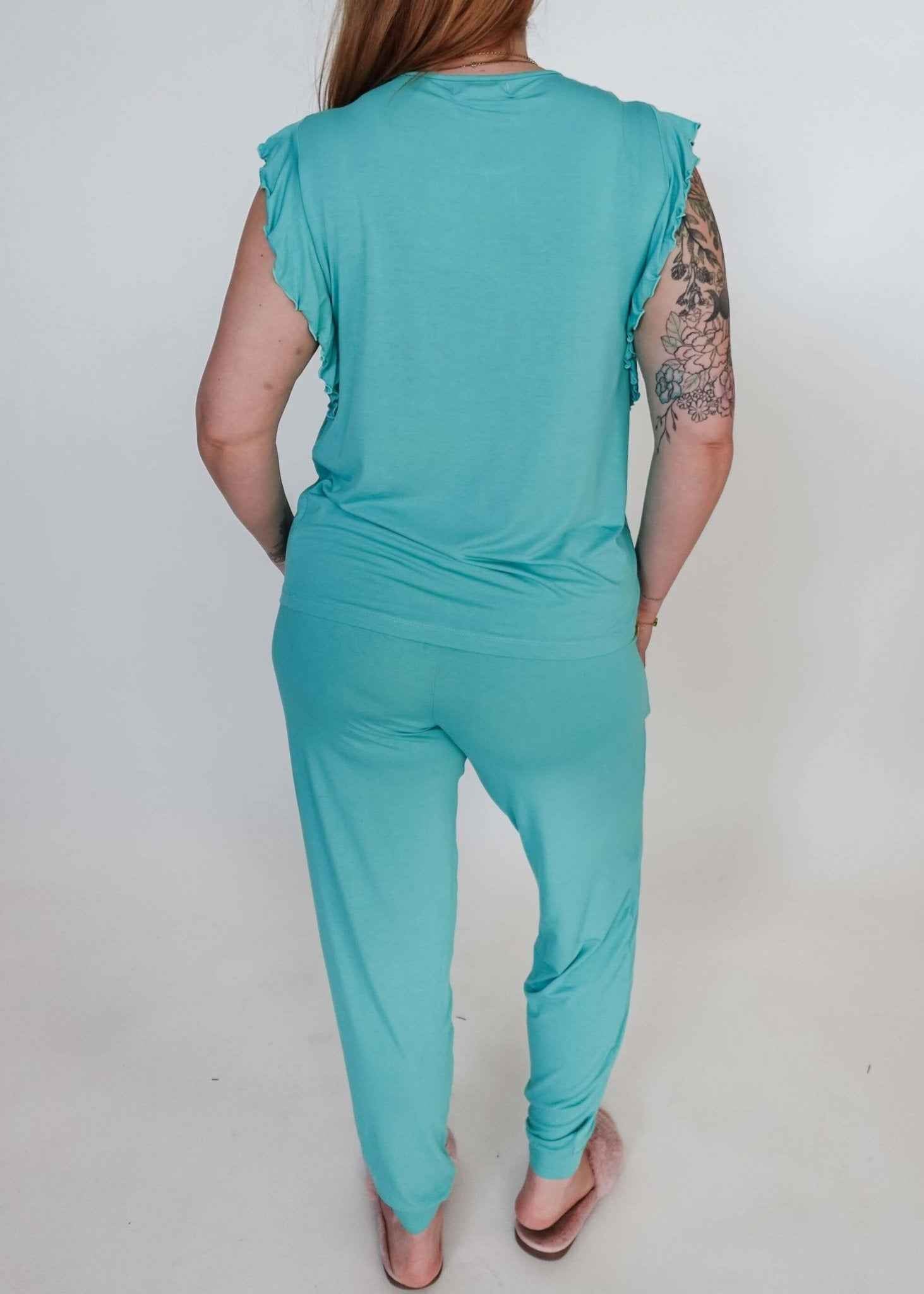Georgia Rylan Women's Bamboo Flutter Sleeve and Jogger Pant Pajama Set in Seafoam