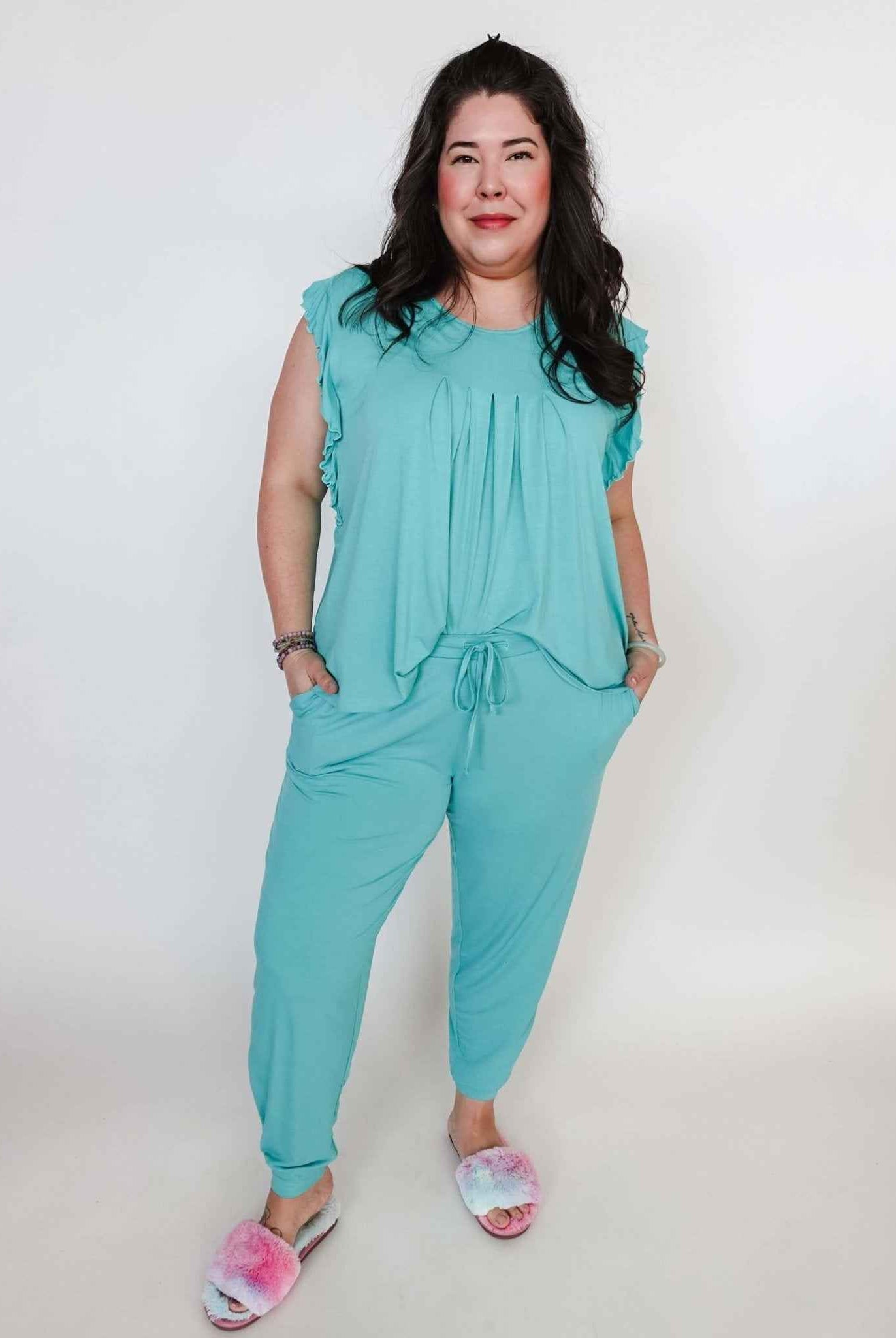 Georgia Rylan Women's Bamboo Flutter Sleeve and Jogger Pant Pajama Set in Seafoam