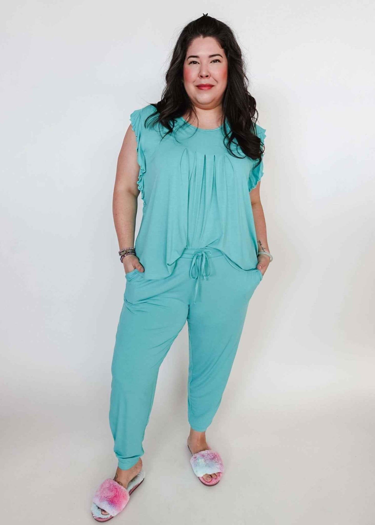 Georgia Rylan Women's Bamboo Flutter Sleeve and Jogger Pant Pajama Set in Seafoam