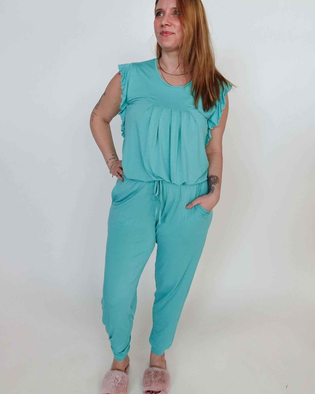 Georgia Rylan Women's Bamboo Flutter Sleeve and Jogger Pant Pajama Set in Seafoam