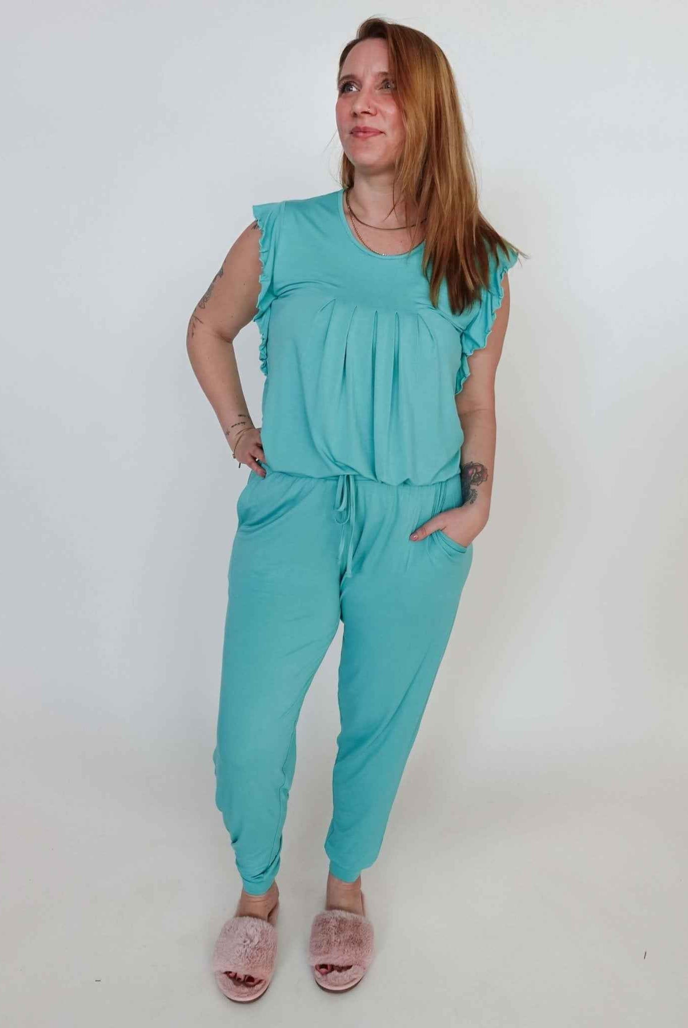 Georgia Rylan Women's Bamboo Flutter Sleeve and Jogger Pant Pajama Set in Seafoam
