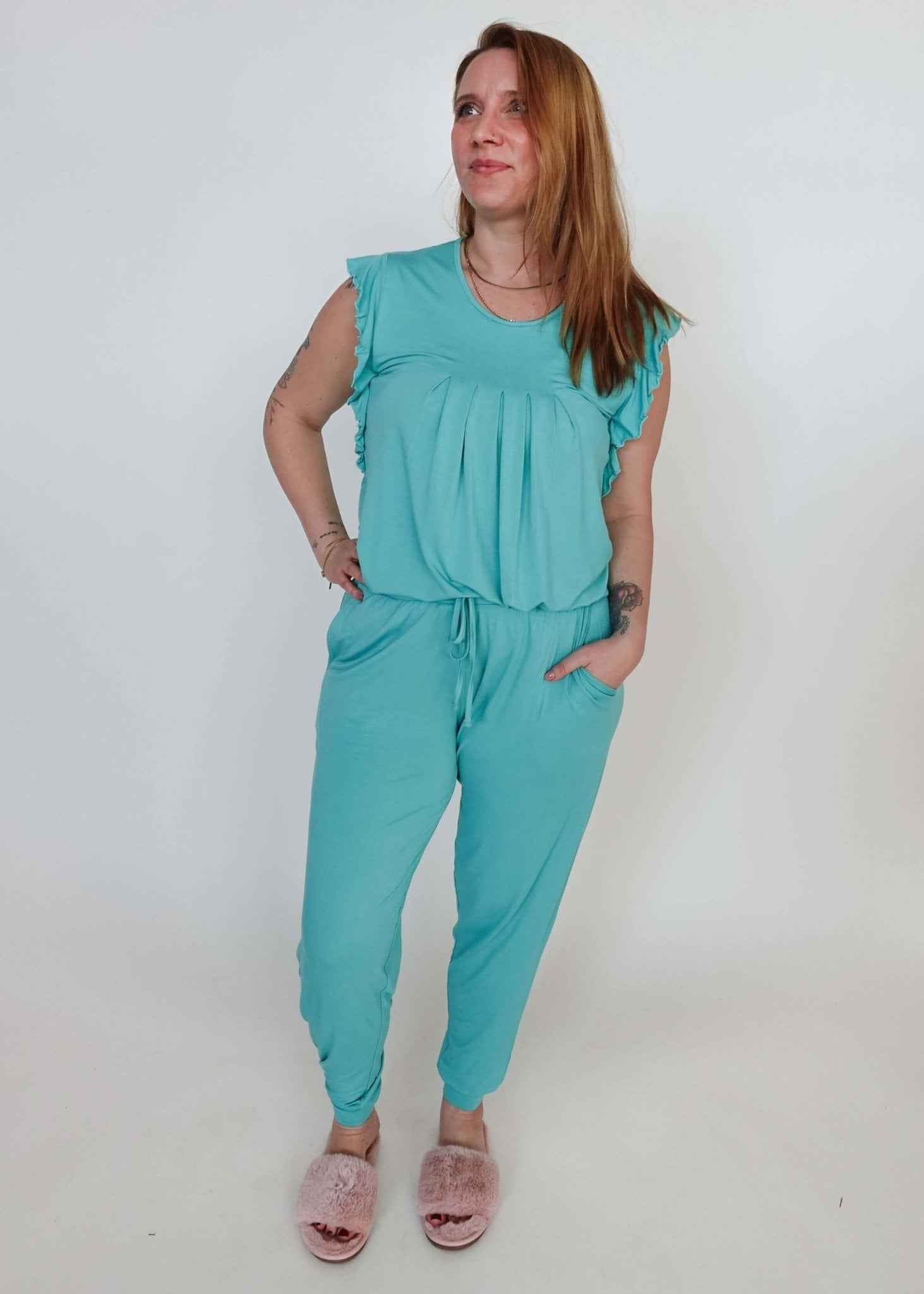 Georgia Rylan Women's Bamboo Flutter Sleeve and Jogger Pant Pajama Set in Seafoam