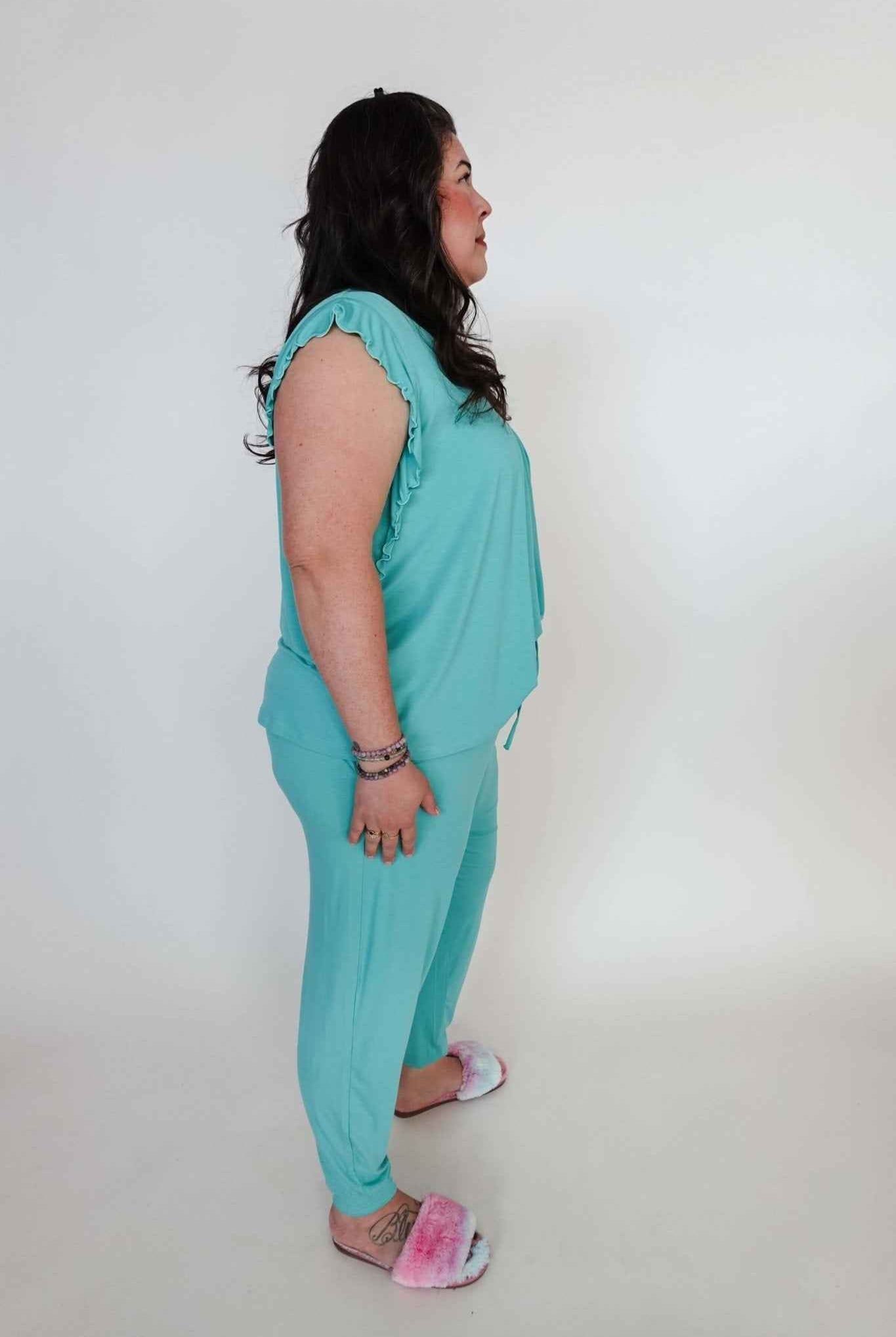 Georgia Rylan Women's Bamboo Flutter Sleeve and Jogger Pant Pajama Set in Seafoam