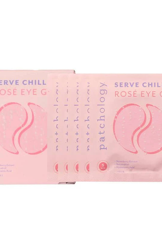 Two boxes of Patchology Serve Chilled Rose Eye Gels on a white background, Patchology Serve Chilled Rosé Eye Gels 5 pack antioxidant hydrating