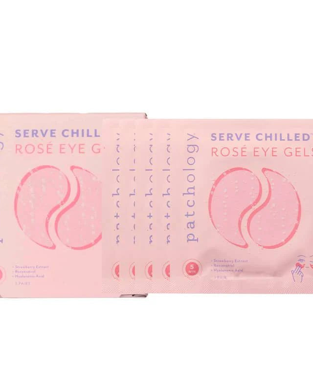 Two boxes of Patchology Serve Chilled Rose Eye Gels on a white background, Patchology Serve Chilled Rosé Eye Gels 5 pack antioxidant hydrating