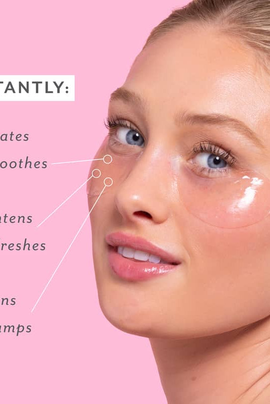Woman's face with skincare product application on a pink background, showing text benefits. Patchology Serve Chilled Rosé Eye Gels 5 pack antioxidant hydrating