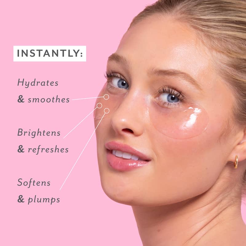 Woman's face with skincare product application on a pink background, showing text benefits. Patchology Serve Chilled Rosé Eye Gels 5 pack antioxidant hydrating